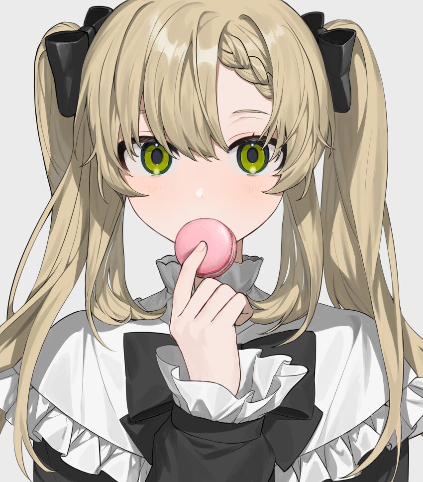 1girl, absurdres, asymmetrical_bangs, black_bow, black_bowtie, black_shirt, blonde_hair, bow