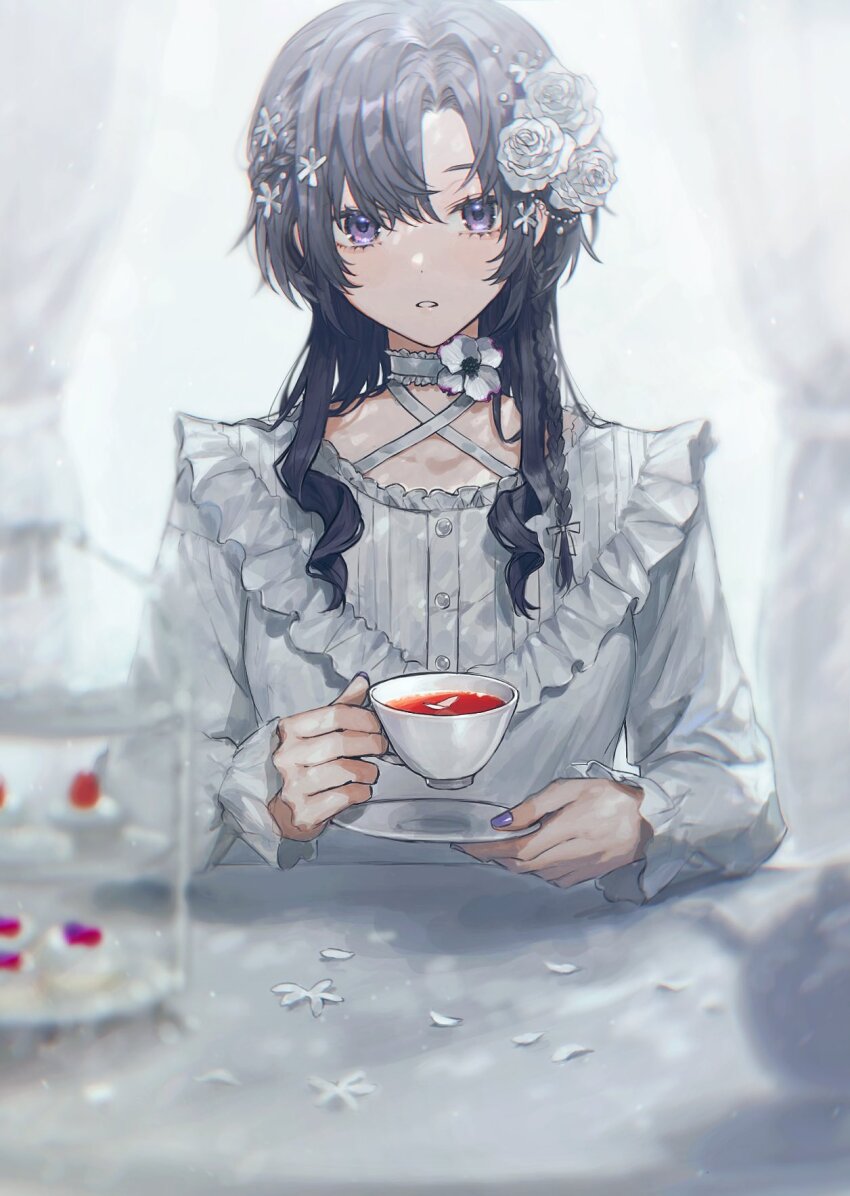 1girl, against_table, arm_rest, blurry, breasts, cake_stand, chair, choker