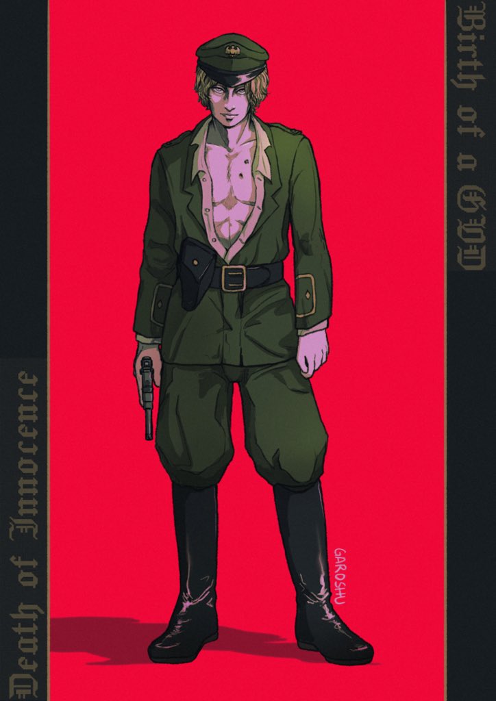 1boy, arms_at_sides, artist_name, bare_pectorals, black_boots, blackletter, blonde_hair, boots