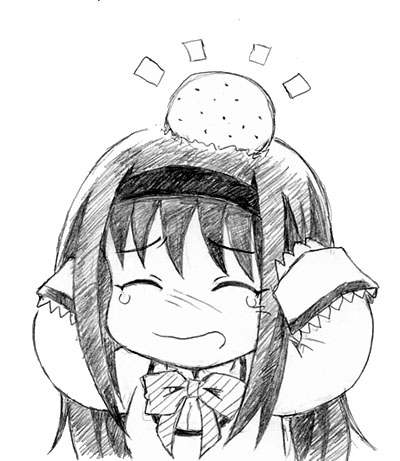 10s, 1girl, akemi_homura, chibi, female_focus, greyscale, hairband, head_bump