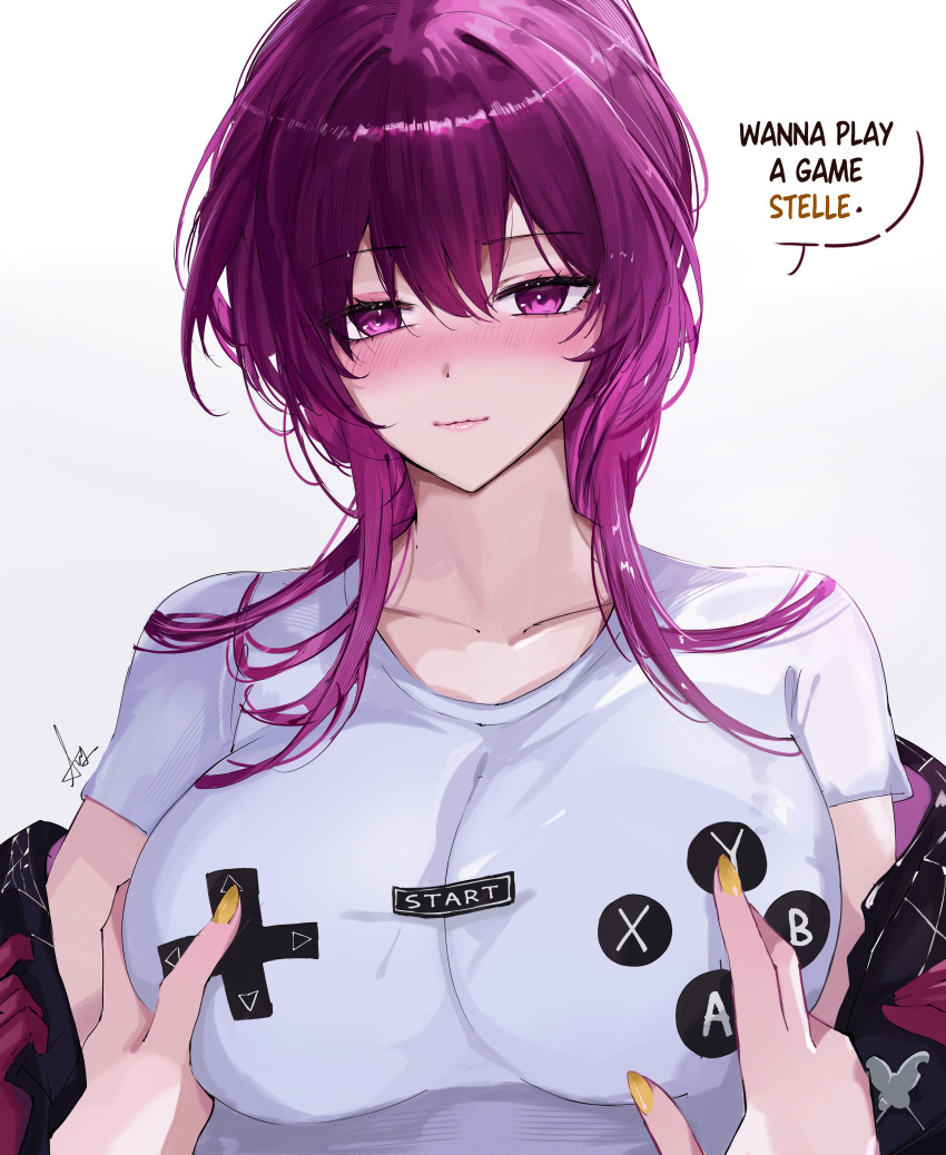 2girls, absurdres, arnkun, blush, breasts, butterfly_pin, cleavage, closed_mouth, commentary, english_commentary, english_text, game_controller_nipples_(meme), game_controller_print, gloves, grabbing_another's_breast, groping, hair_between_eyes, highres, honkai:_star_rail, honkai_(series), kafka_(honkai:_star_rail), large_breasts, lipstick, looking_at_viewer, makeup, meme, multiple_girls, nail_polish, pov, print_shirt, purple_eyes, purple_hair, shirt, short_hair, signature, simple_background, speech_bubble, stelle_(honkai:_star_rail), trailblazer_(honkai:_star_rail), upper_body, white_background, white_shirt, yuri
