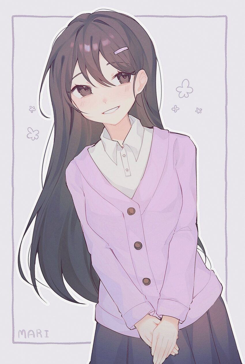 1girl, black_eyes, black_hair, black_skirt, blush, buttons, cardigan, character_name, collared_shirt, double-parted_bangs, grey_background, grin, hair_between_eyes, hair_ornament, highres, inset_border, long_hair, looking_at_viewer, mari_(faraway)_(omori), mari_(omori), omori, outline, own_hands_together, purple_cardigan, shirt, simple_background, skirt, smile, snowdrops, solo, straight_hair, upper_body, v_arms, white_outline, white_shirt