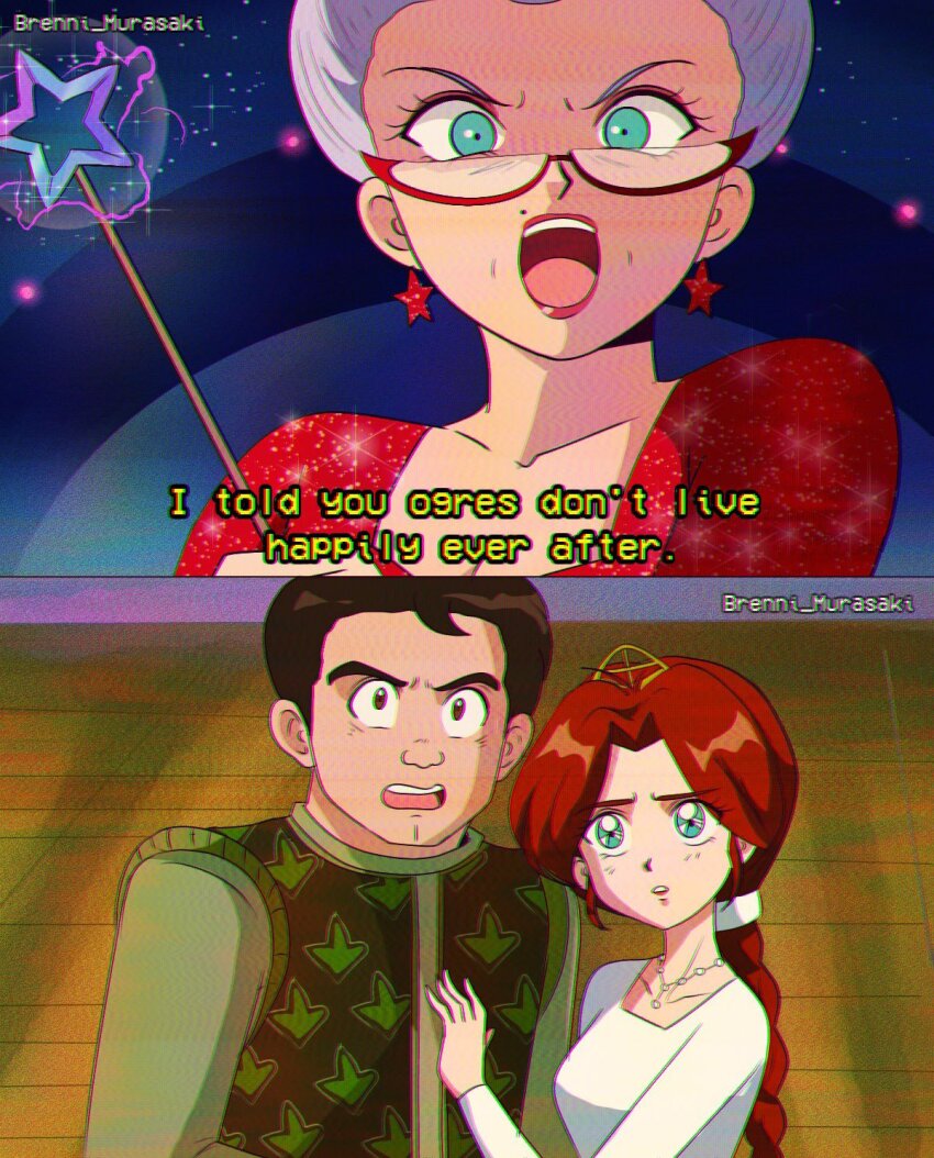 1boy, 2girls, angry, animification, blue_eyes, brenni_murasaki, brown_eyes, brown_hair