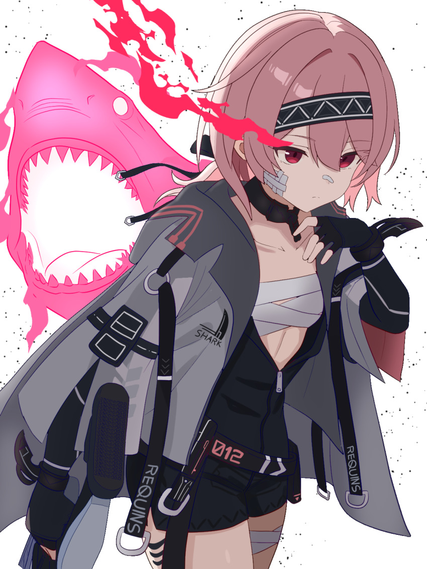 1girl, bandaged_leg, bandages, bandaid, bandaid_on_face, bandaid_on_nose, belt, belt_pouch