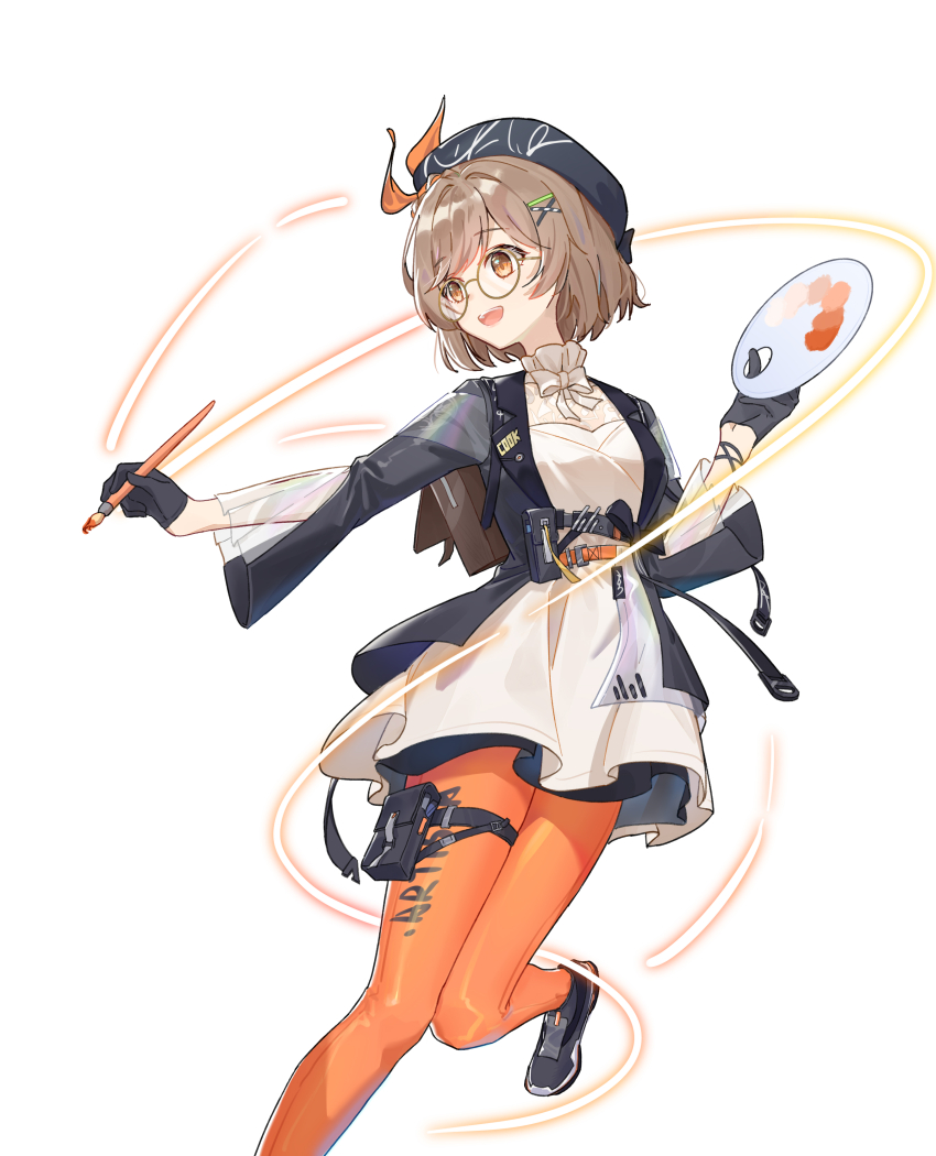 1girl, absurdres, airaila, beret, black_gloves, black_hat, black_jacket, brown_hair