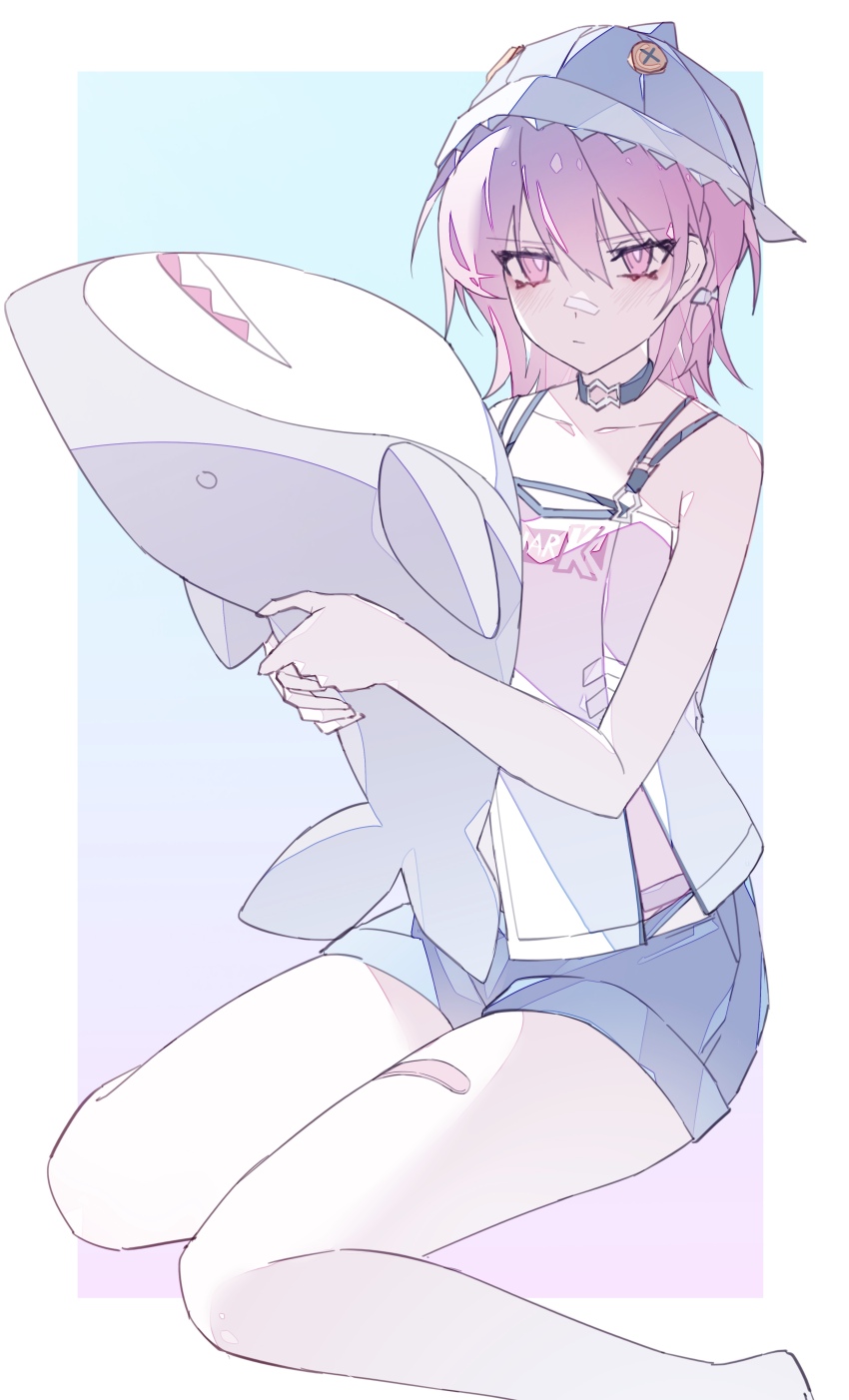 1girl, absurdres, alternate_costume, bandaid, bandaid_on_face, bandaid_on_nose, bandaid_on_thigh, bare_arms, bare_shoulders, black_choker, blue_background, blue_hat, blue_shorts, blush, border, choker, closed_mouth, commentary, foot_out_of_frame, fuchsia_(lazy_holiday)_(strinova), fuchsia_(strinova), gradient_background, hat, highres, holding, holding_stuffed_toy, looking_at_viewer, multicolored_background, outside_border, pink_background, pink_eyes, pink_hair, shirt, short_hair, shorts, simple_background, sitting, sleeveless, sleeveless_shirt, solo, strinova, stuffed_animal, stuffed_shark, stuffed_toy, white_border, yexinhan