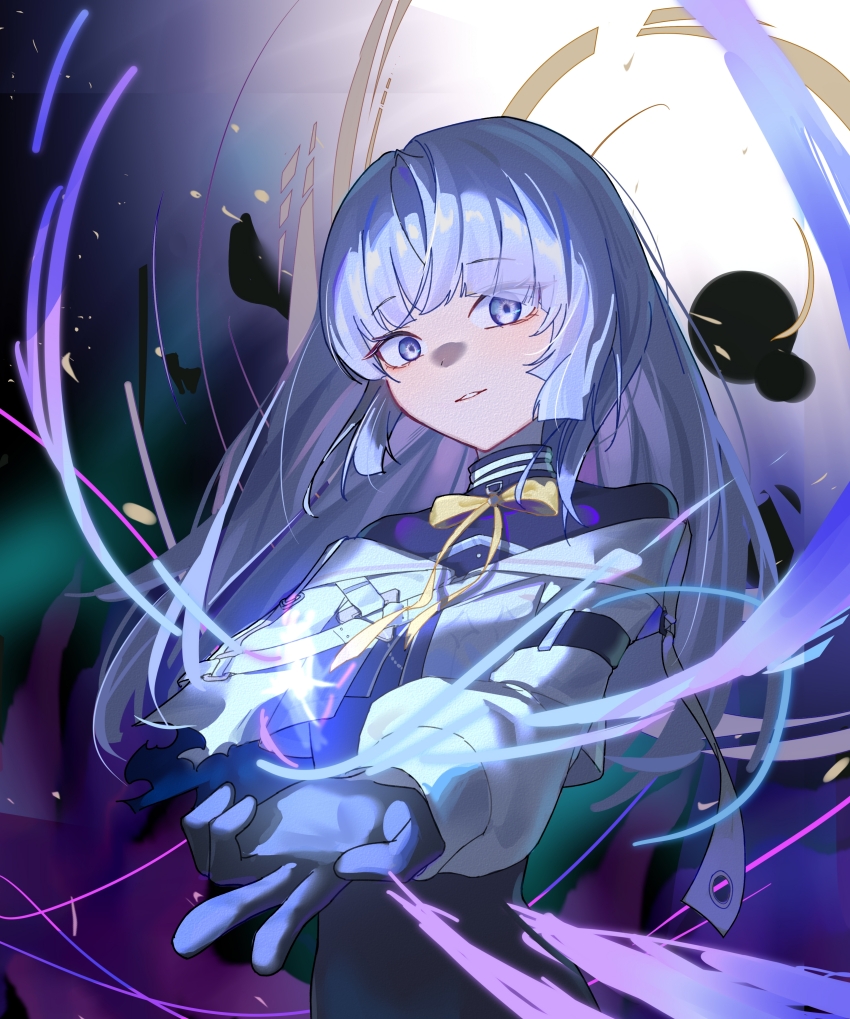 1girl, absurdres, airaila, arcaea, blue_eyes, blue_hair, bow, bowtie