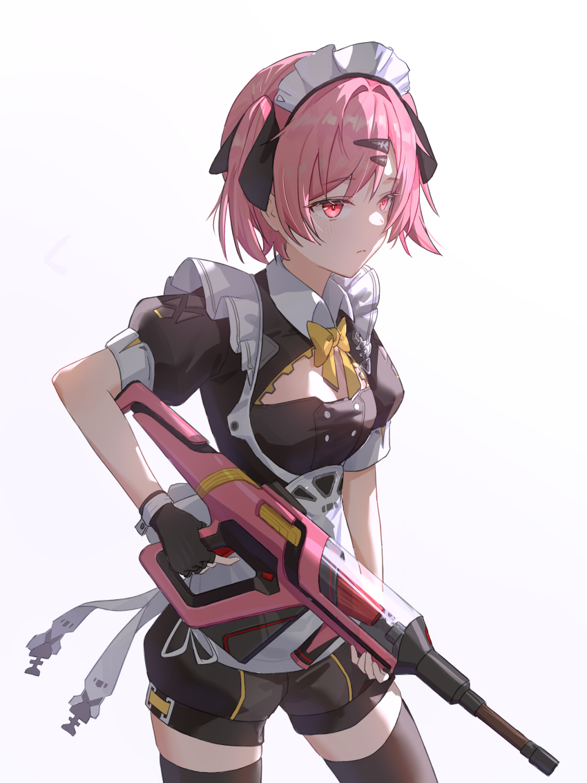 1girl, absurdres, airaila, black_shirt, black_shorts, black_thighhighs, closed_mouth, commentary