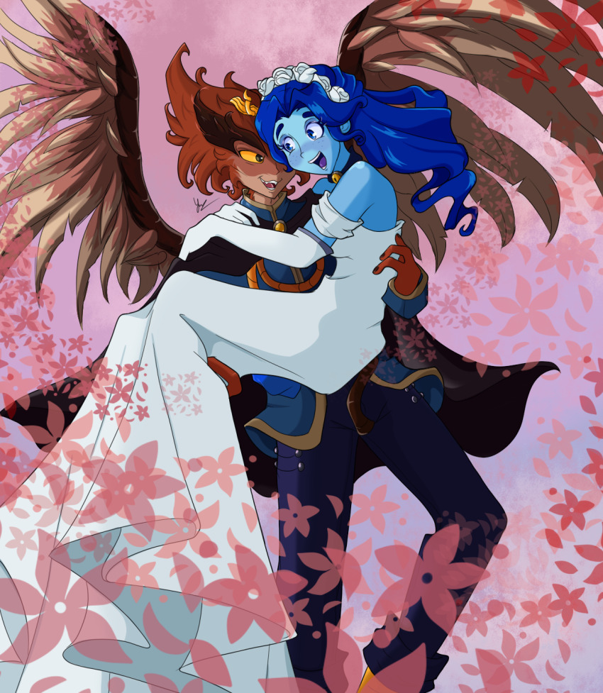 1boy, 1girl, bird_boy, blue_hair, blue_skin, colored_skin, frankelda, frankelda's_book_of_spooks, furry, furry_male, herneval, highres, non-web_source, noxyeray, owl_boy, self-upload, wings