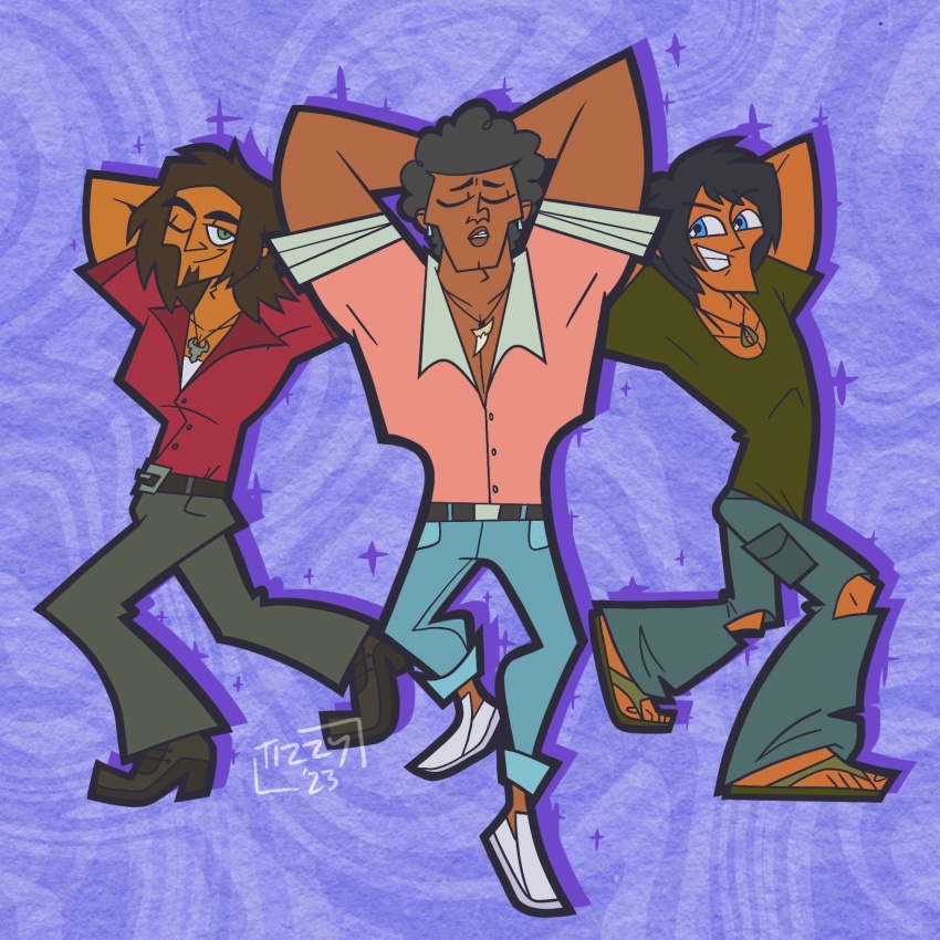 3boys, adam's_apple, afro, alejandro_burromuerto, aqua_pants, belt, black_hair, blue_eyes, blue_pants, boots, brown_belt, brown_hair, caleb_(total_drama), closed_eyes, commentary, curly_hair, earrings, english_commentary, facial_hair, flip-flops, goatee, green_eyes, green_footwear, green_pants, green_shirt, grin, highres, jewelry, justin_(total_drama), layered_shirt, looking_at_viewer, male_focus, medium_hair, multiple_boys, necklace, one_eye_closed, pants, patterned_background, pectoral_cleavage, pectorals, pink_shirt, pocket, purple_background, red_shirt, sandals, shirt, short_hair, sideburns, sleeves_rolled_up, slip-on_shoes, smile, tooblindtizzy, torn_clothes, torn_pants, total_drama, white_footwear, white_shirt