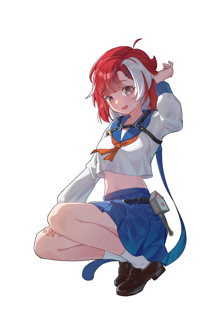 1girl, absurdres, airaila, blue_sailor_collar, blue_skirt, blush, brown_shoes, commentary