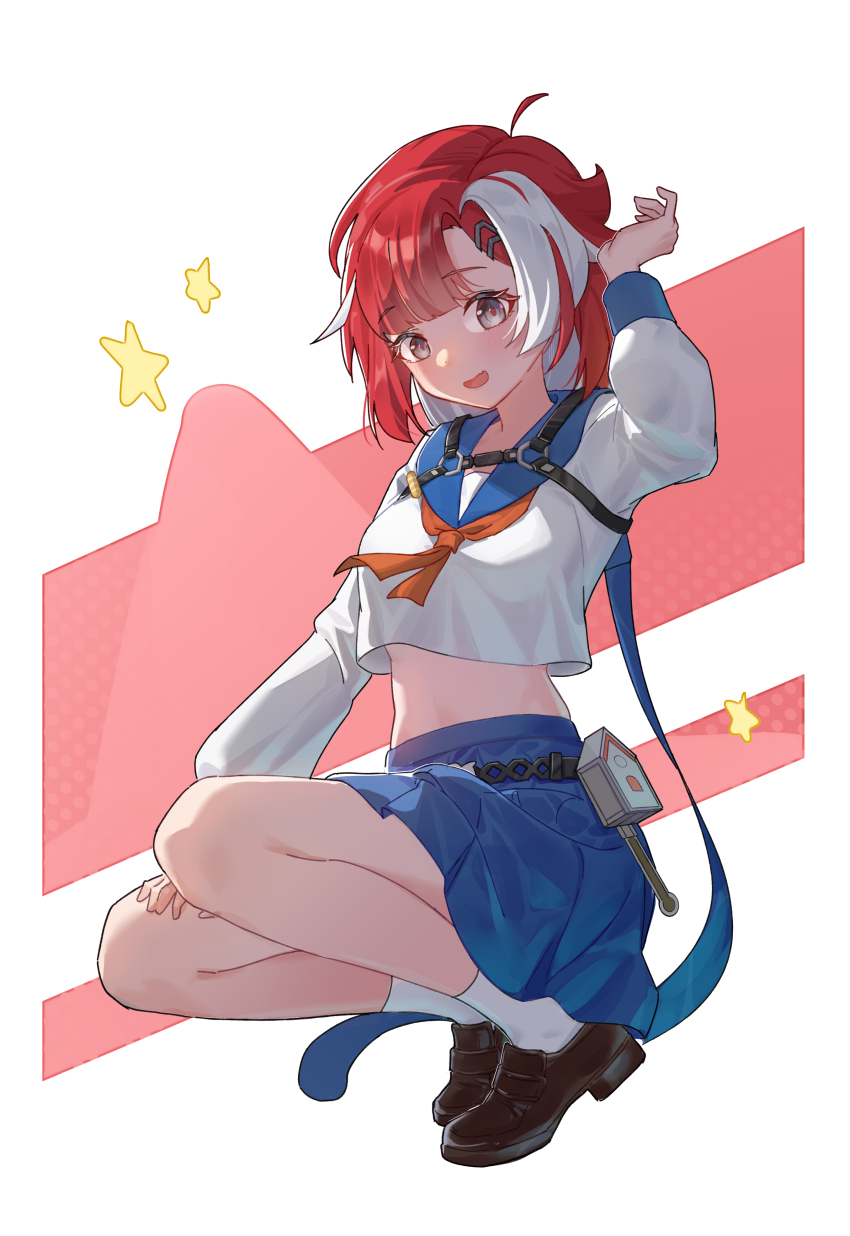 1girl, absurdres, airaila, blue_sailor_collar, blue_skirt, blush, brown_shoes, commentary