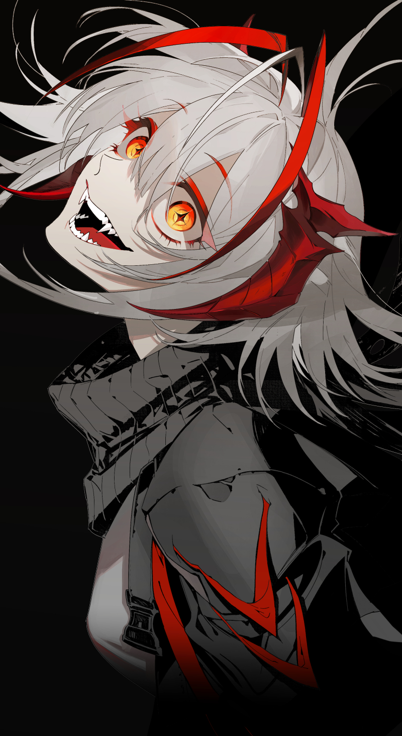 +_+, 1girl, antenna_hair, arknights, black_background, black_jacket, blending, commentary