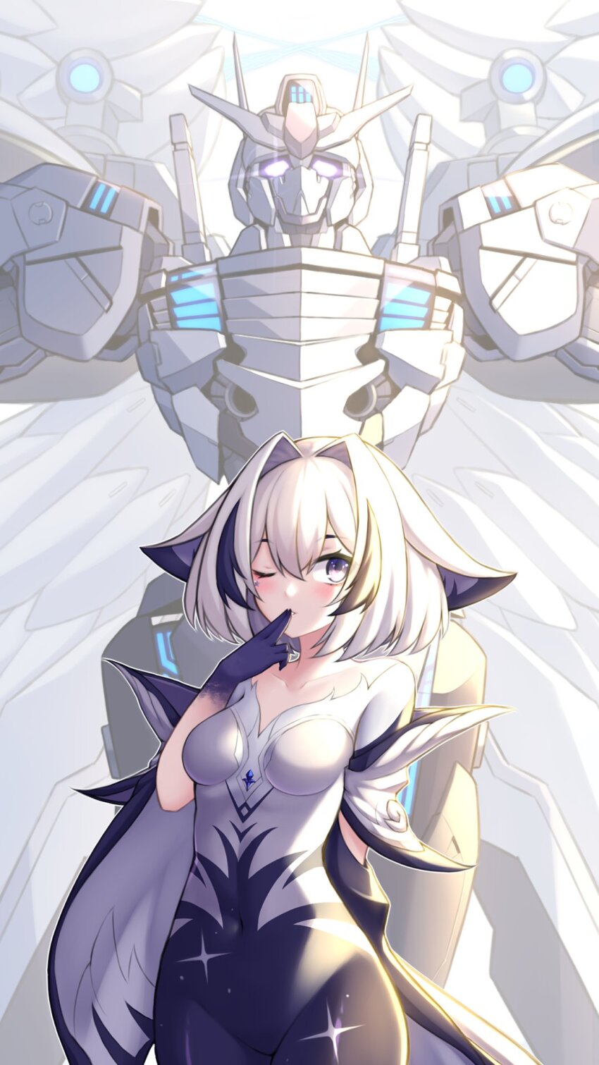 1girl, angel_wings, animal_ears, black_bodysuit, bodysuit, close-up, cropped_legs, eien_project