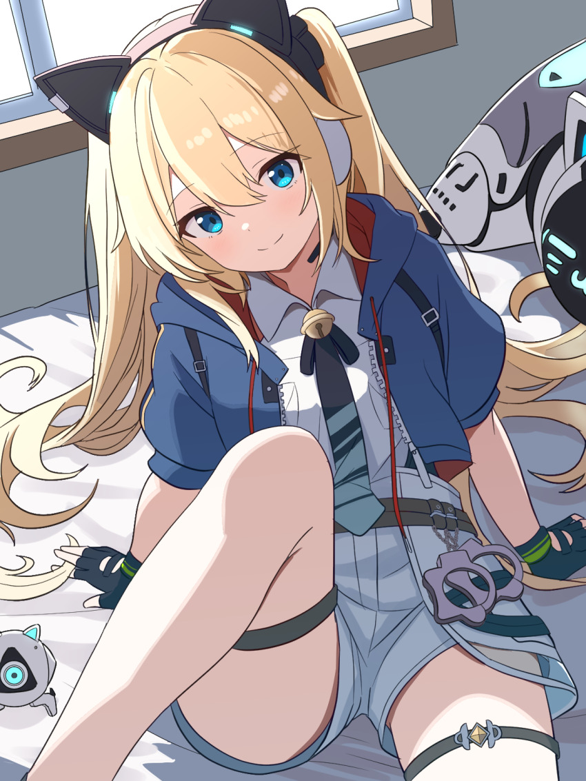 1girl, animal_ears, black_gloves, black_necktie, blonde_hair, blue_eyes, blue_jacket, cat_ears, closed_mouth, collared_shirt, commentary_request, cowboy_shot, cropped_jacket, drawstring, fake_animal_ears, fingerless_gloves, gloves, highres, hood, hooded_jacket, indoors, jacket, knee_up, long_hair, looking_at_viewer, mechanical_ears, michele_(strinova), mighty_meow_(strinova), necktie, on_bed, open_clothes, open_jacket, shirt, short_sleeves, shorts, sitting, smile, solo, strinova, thigh_strap, twintails, white_shirt, white_shorts, yohan_yojohan, zipper