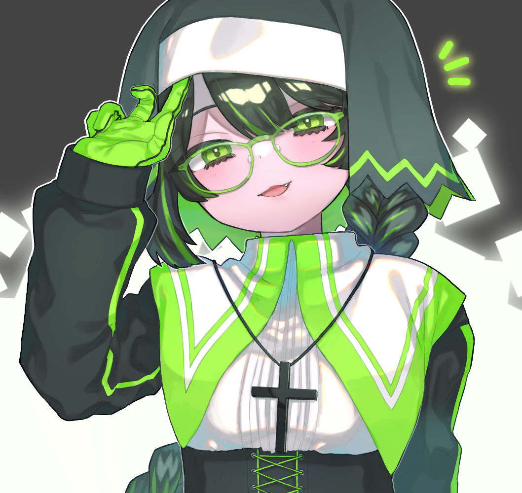 1girl, black_hair, black_hat, blush, braid, cross, cross_necklace, fang