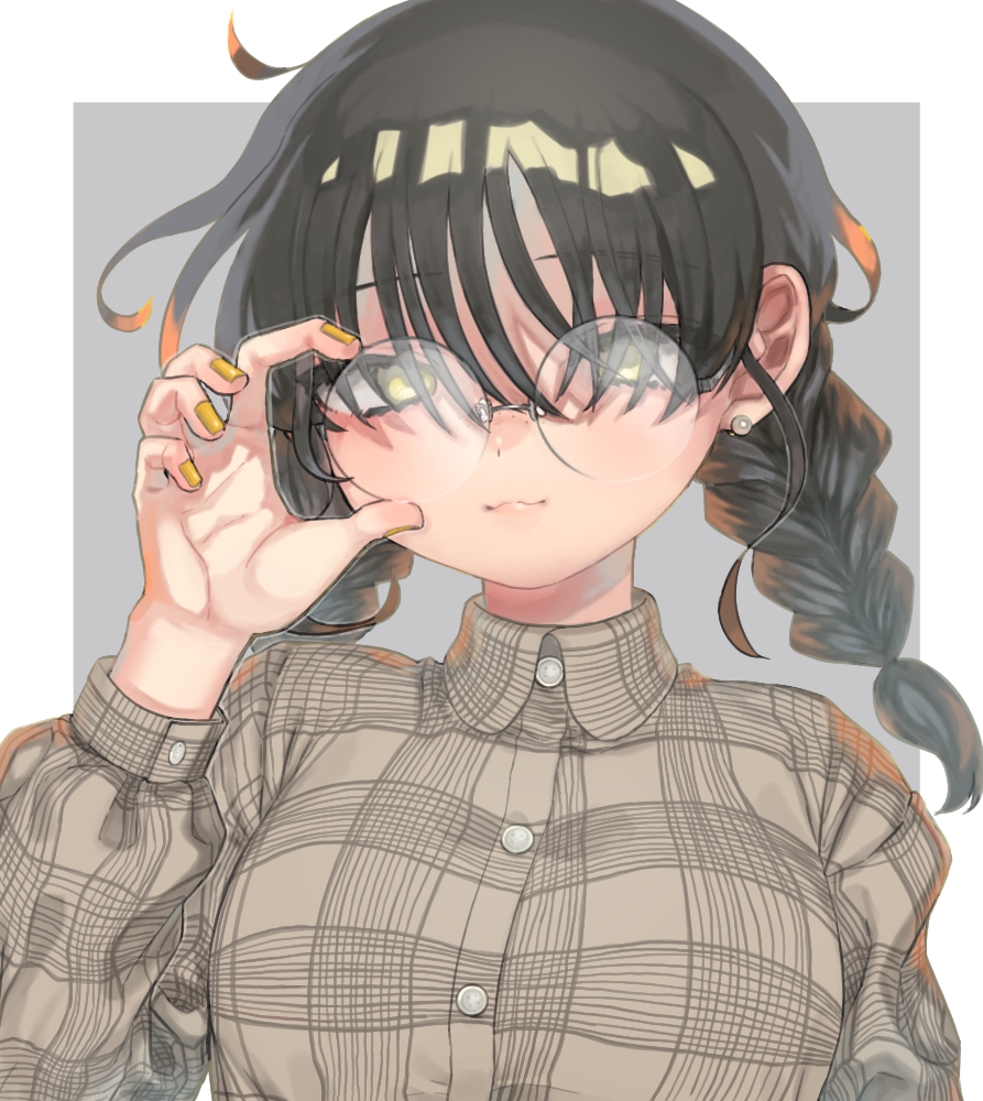 1girl, :3, adjusting_eyewear, black_hair, braid, breasts, collared_shirt, earrings, glasses, hair_over_eyes, hand_on_eyewear, jewelry, long_hair, long_sleeves, looking_at_viewer, miaivz, multicolored_hair, nail_polish, orange_hair, original, shirt, simple_background, solo, stud_earrings, twin_braids, two-tone_background, upper_body, yellow_eyes, yellow_nails