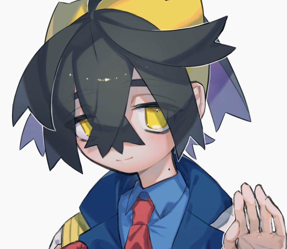 1boy, black_hair, closed_mouth, collared_shirt, crossed_bangs, grey_background, hair_between_eyes, hairband