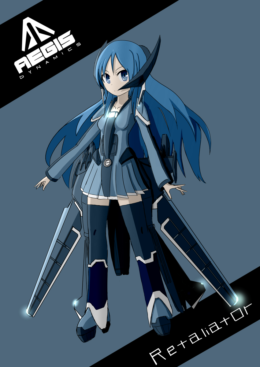 1girl, absurdres, armored_boots, blue_eyes, blue_hair, boots, breasts, closed_mouth