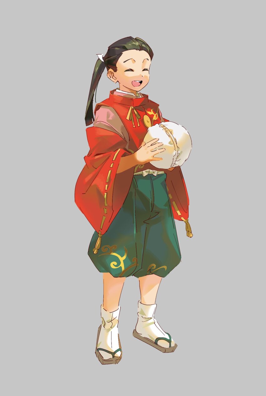 1boy, :d, ball, black_hair, blunt_ends, closed_eyes, full_body, green_hakama, grey_background, hair_pulled_back, hakama, hakama_pants, highres, holding, holding_ball, houjou_kunitoki_(nige_jouzu_no_wakagimi), japanese_clothes, kariginu, kimono, long_hair, male_focus, motoyui, nfds1sa6xn51383, nige_jouzu_no_wakagimi, open_mouth, pants, pink_kimono, ribbon, ribbon-trimmed_sleeves, ribbon_trim, sandals, smile, solo, standing, tabi, teeth, upper_teeth_only, yellow_ribbon, zouri