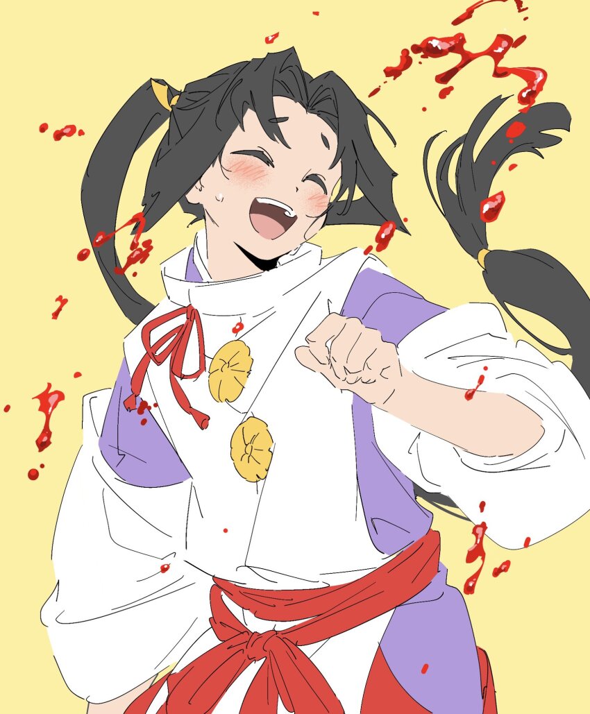 1boy, :d, black_hair, blood, blood_spray, blush, closed_eyes, cowboy_shot