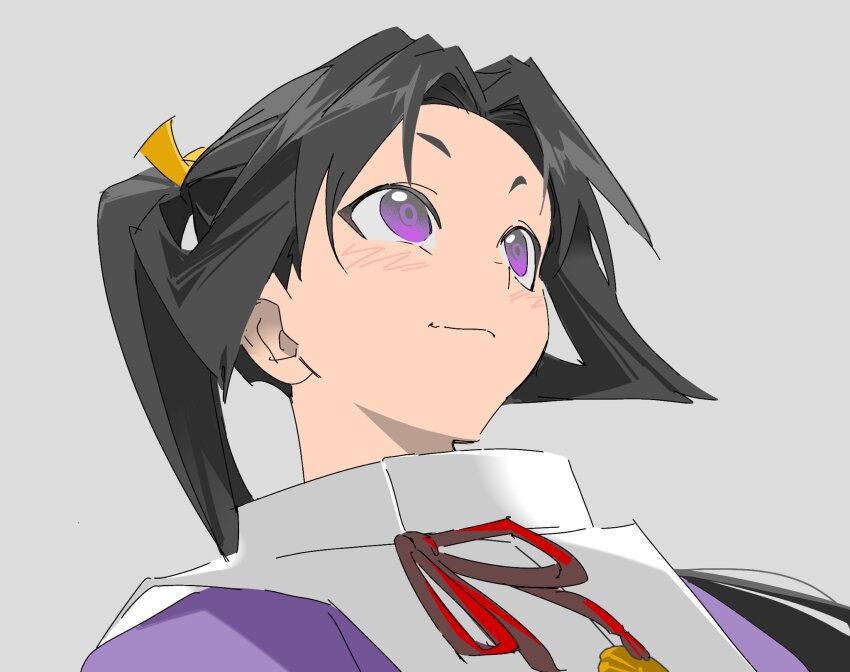 1boy, black_hair, blush, closed_mouth, curtained_hair, floating_hair, from_below, grey_background