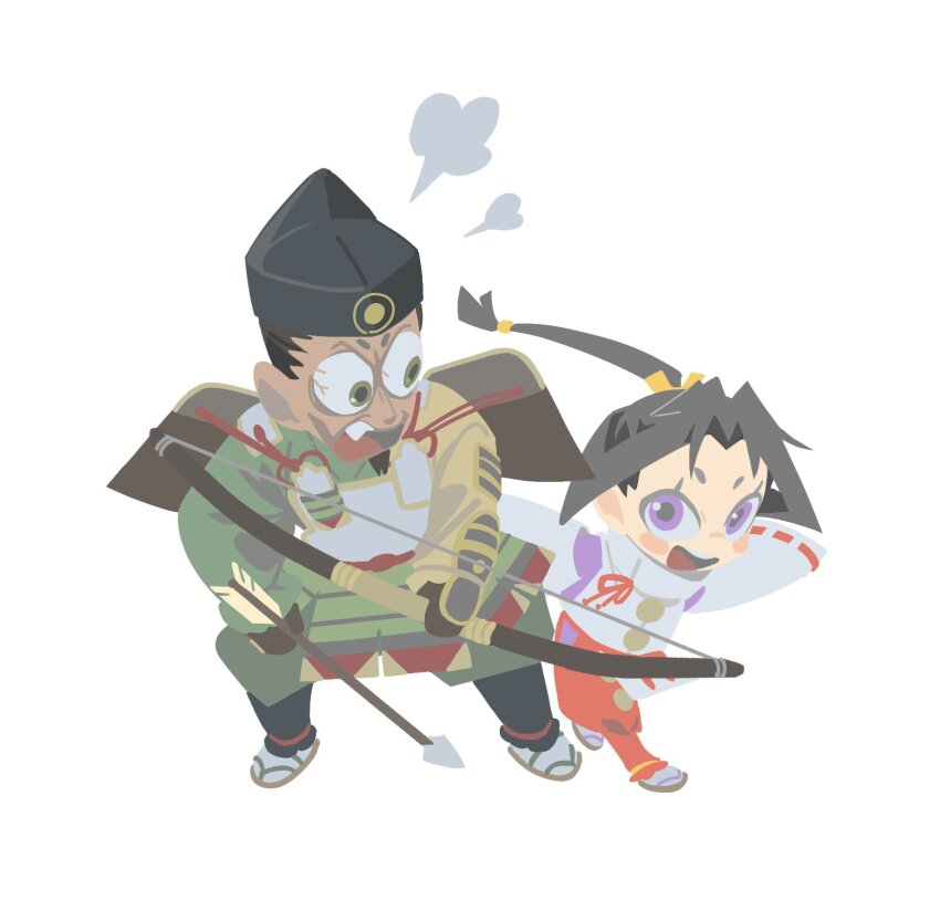 2boys, :d, armor, arrow_(projectile), black_hair, blush_stickers, bow_(weapon), breastplate, bulging_eyes, chibi, chibi_only, fang, flat_color, full_body, gloves, green_eyes, green_kimono, hair_pulled_back, hakama, hakama_pants, hat, highres, holding, holding_arrow, holding_bow_(weapon), holding_weapon, houjou_tokiyuki_(nige_jouzu_no_wakagimi), japanese_armor, japanese_clothes, kariginu, kimono, kusazuri, long_hair, looking_at_another, low-tied_long_hair, male_focus, motoyui, multiple_boys, nfds1sa6xn51383, nige_jouzu_no_wakagimi, ogasawara_sadamune, open_mouth, pants, parted_bangs, partially_fingerless_gloves, partly_fingerless_gloves, ponytail, puff_of_air, purple_eyes, red_hakama, red_sash, ribbon-trimmed_sleeves, ribbon_trim, running, samurai, sandals, sash, shoulder_armor, sidelocks_tied_back, simple_background, smile, tabi, tate_eboshi, teeth, upper_teeth_only, v-shaped_eyebrows, weapon, white_background, wide_sleeves, yugake, zouri