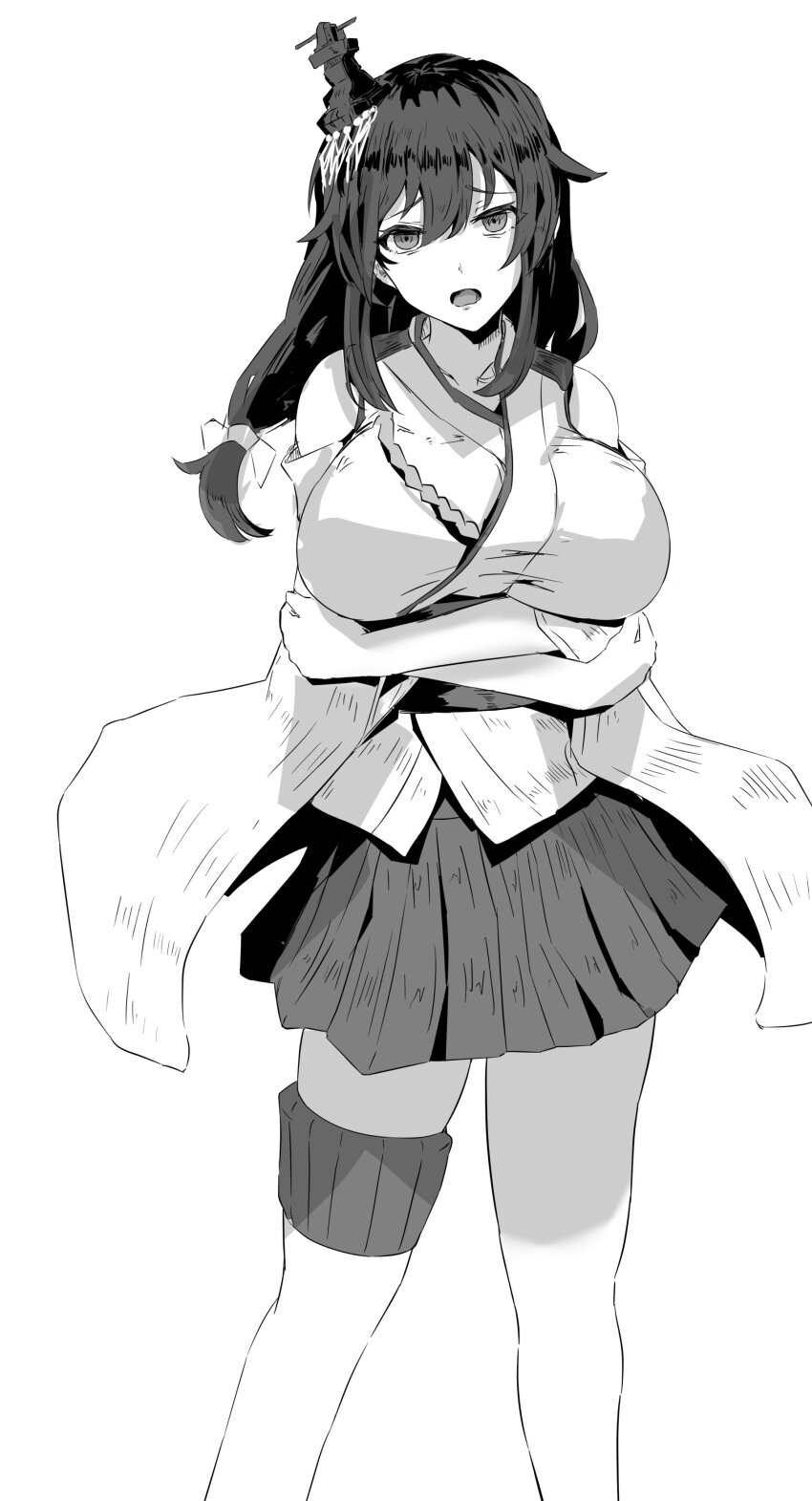 1girl, absurdres, breasts, crossed_arms, detached_sleeves, greyscale, hair_flaps, hakama