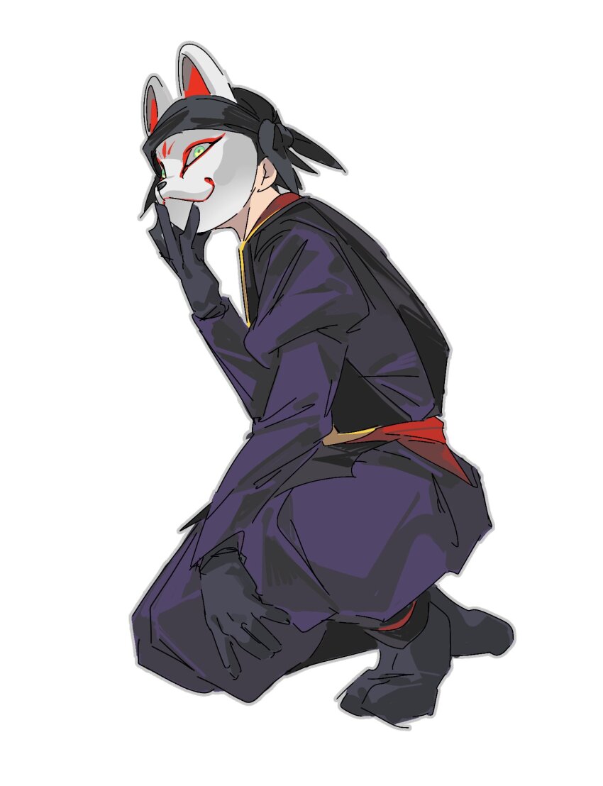 1boy, :3, animal_ears, black_footwear, black_gloves, black_hair, black_hakama, black_headband, fox_ears, fox_mask, full_body, gloves, green_eyes, grey_outline, hakama, hakama_pants, hand_on_own_chin, headband, highres, japanese_clothes, juliet_sleeves, kazama_genba, long_sleeves, looking_up, male_focus, mask, nfds1sa6xn51383, nige_jouzu_no_wakagimi, ninja, on_one_knee, outline, pants, puffy_sleeves, simple_background, smile, solo, white_background