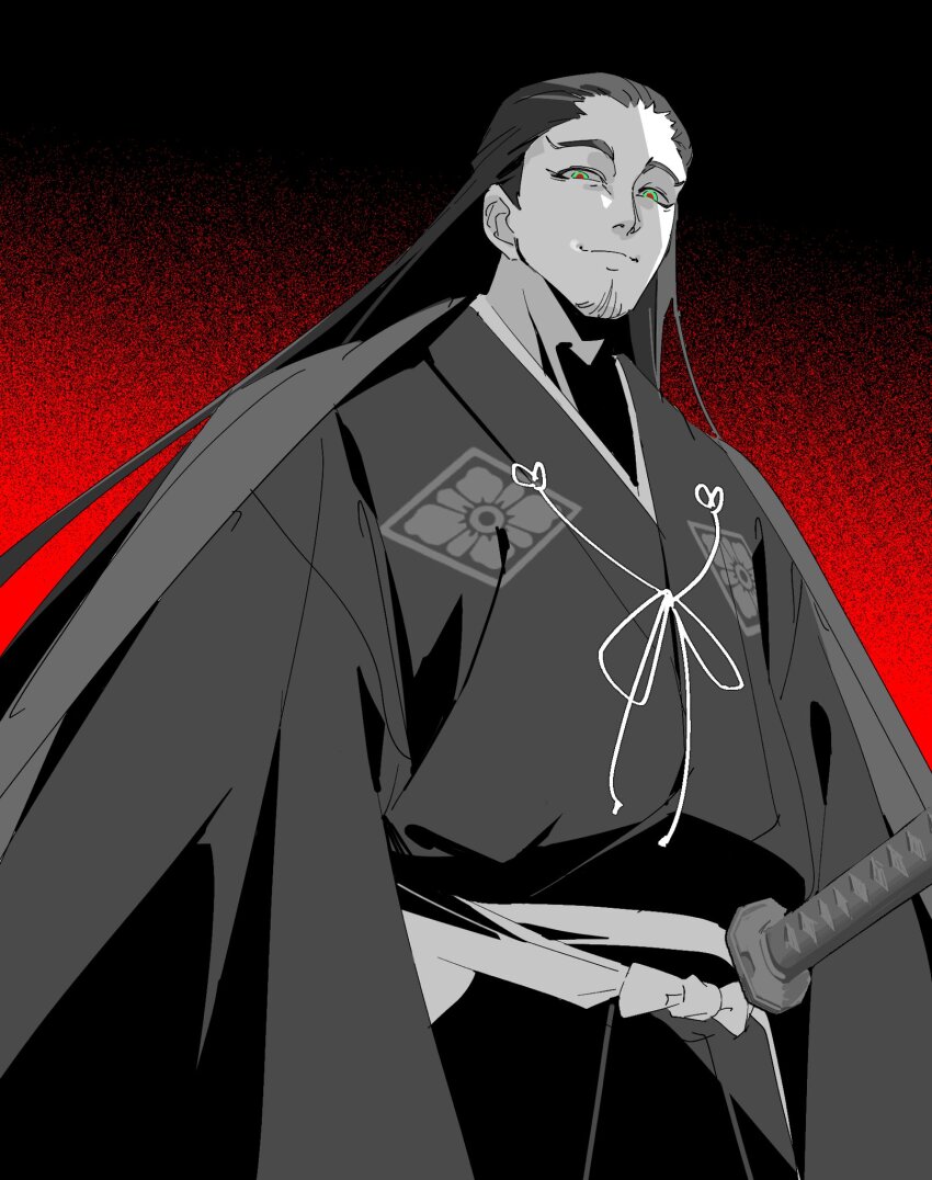 1boy, ashikaga_takauji_(nige_jouzu_no_wakagimi), black_background, black_hair, closed_eyes, crest, facial_hair, family_crest