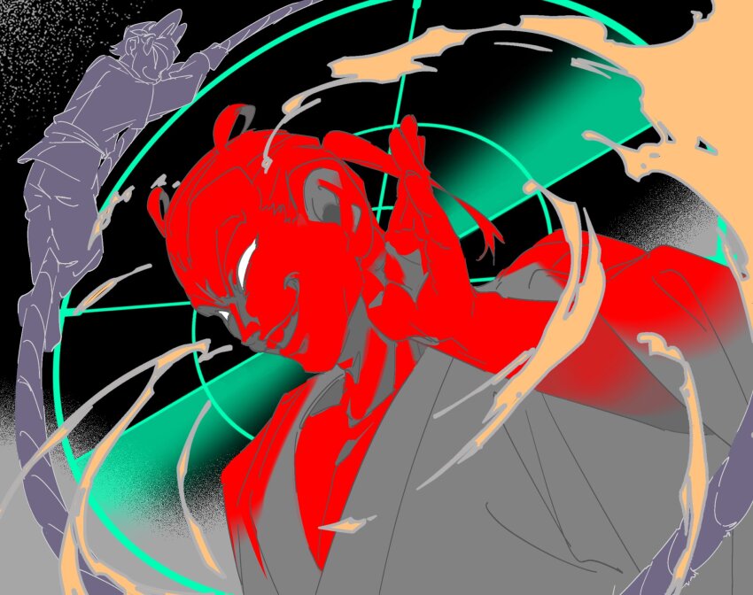 2boys, abstract, animal_ears, blank_eyes, buck_teeth, colored_skin, fox_ears, fox_mask