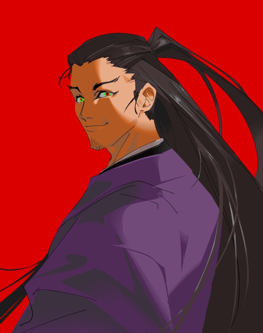 ashikaga_takauji_(nige_jouzu_no_wakagimi), black_hair, closed_mouth, facial_hair, floating_hair, goatee_stubble, green_eyes, half_updo