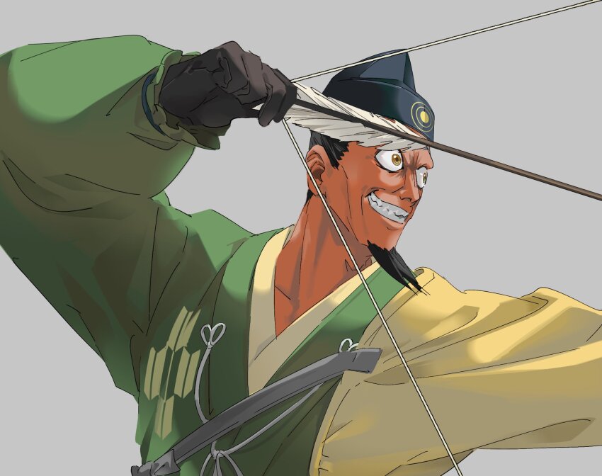 1boy, aiming, arrow_(projectile), black_gloves, black_hat, bow_(weapon), bulging_eyes, dark-skinned_male