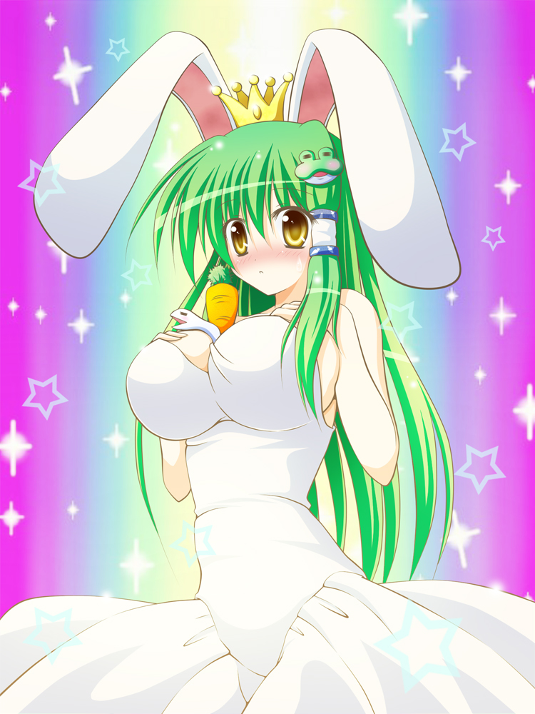 1girl, :o, =_=, ac_japan, animal_ears, arigato_usagi, arigato_usagi_(cosplay), between_breasts, blush, breast_suppress, breasts, rabbit_ears, carrot, cleavage, cosplay, crown, dress, female_focus, frog, full-face_blush, green_hair, hair_ornament, hair_tubes, heaven_condition, huge_breasts, kochiya_sanae, large_breasts, long_hair, osashin_(osada), sideboob, snake, solo, standing, star_(symbol), touhou, yellow_eyes