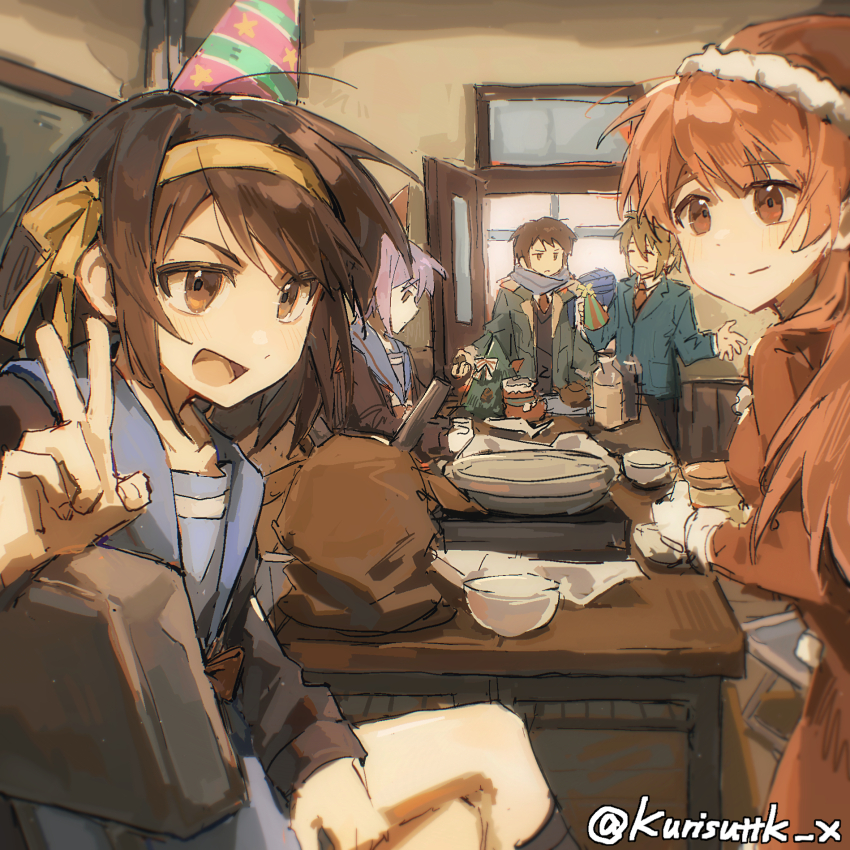 2boys, 3girls, :d, asahina_mikuru, black_pantyhose, black_socks, blazer, blue_jacket