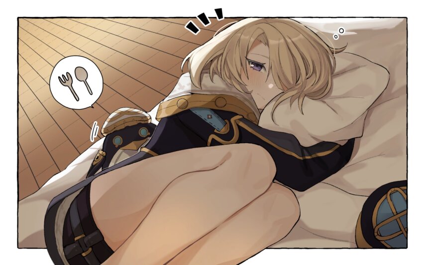 1boy, black_bodysuit, black_shorts, blonde_hair, blush, bodysuit, closed_mouth, fork, freminet_(genshin_impact), genshin_impact, gorila_chan, hair_over_one_eye, highres, long_sleeves, looking_at_viewer, lying, male_focus, pers_(genshin_impact), purple_eyes, short_hair, shorts, solo, spoon