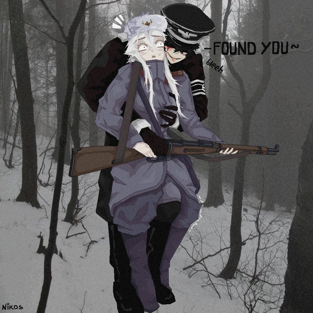 1boy, 1girl, cross, hammer_and_sickle, hat, hetero, iron_cross, military