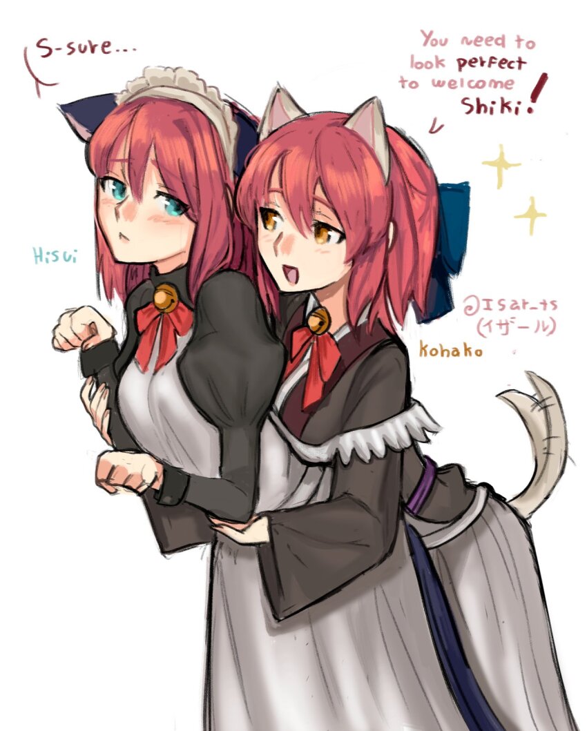 2girls, animal_ears, apron, belaweb123, blue_eyes, bow, brown_eyes, cat_ears