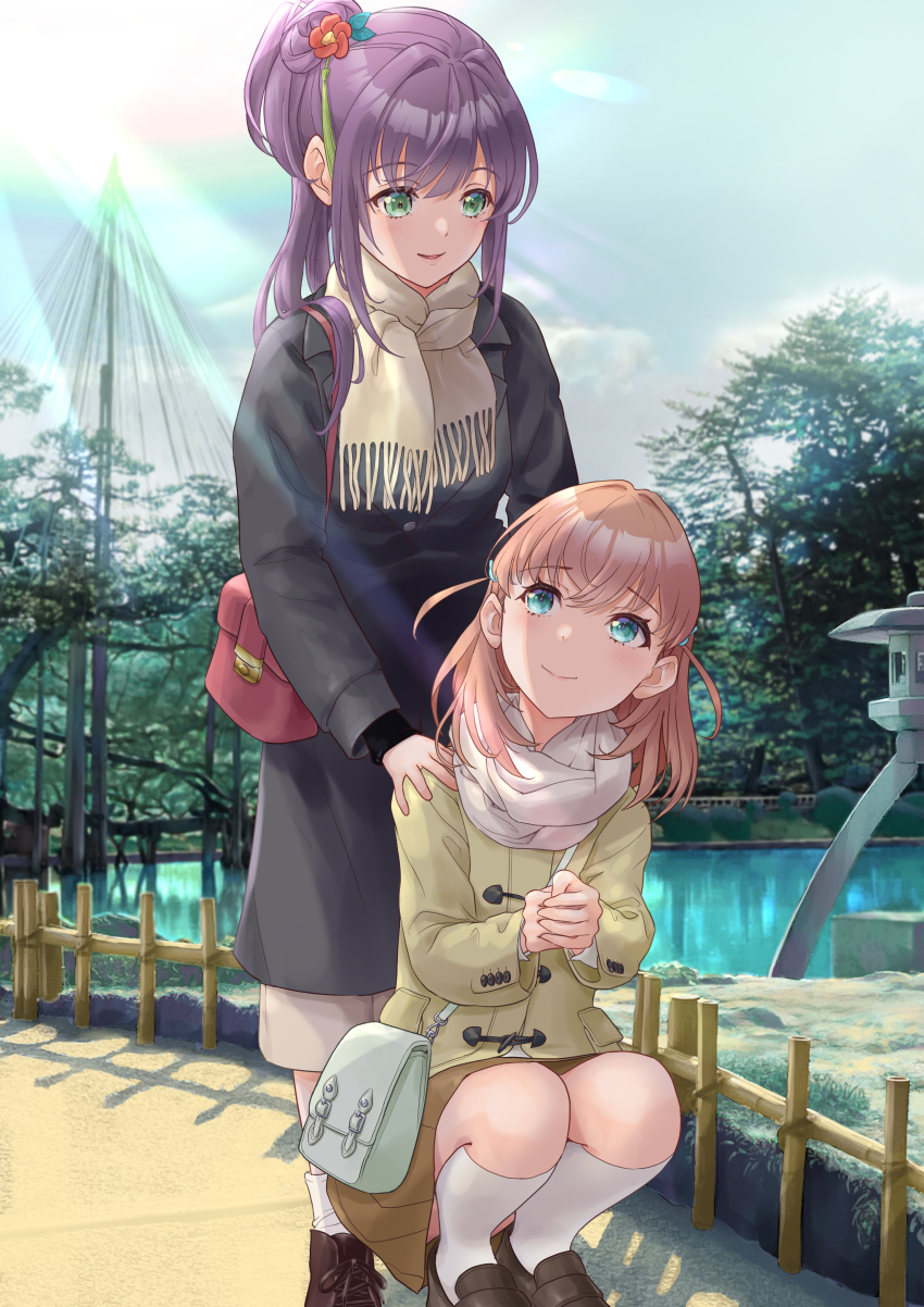 2girls, :d, absurdres, aqua_eyes, bag, black_coat, blue_sky, blush, brown_scarf, brown_shoes, brown_skirt, cerise_bouquet, closed_mouth, coat, crossed_bangs, day, flower, green_eyes, hair_bun, hair_flower, hair_ornament, handbag, highres, hinoshita_kaho, ishikawa_prefecture, kenroku-en, kobassy, link!_like!_love_live!, loafers, long_hair, long_skirt, looking_at_another, love_live!, medium_hair, multiple_girls, open_mouth, orange_hair, otomune_kozue, outdoors, own_hands_together, photo_background, pleated_skirt, purple_hair, rabbit_hair_ornament, red_bag, red_flower, scarf, shoes, side_ponytail, sidelocks, single_side_bun, skirt, sky, smile, sneakers, socks, split_mouth, squatting, tassel, tassel_hair_ornament, two_side_up, virtual_youtuber, white_scarf, white_socks
