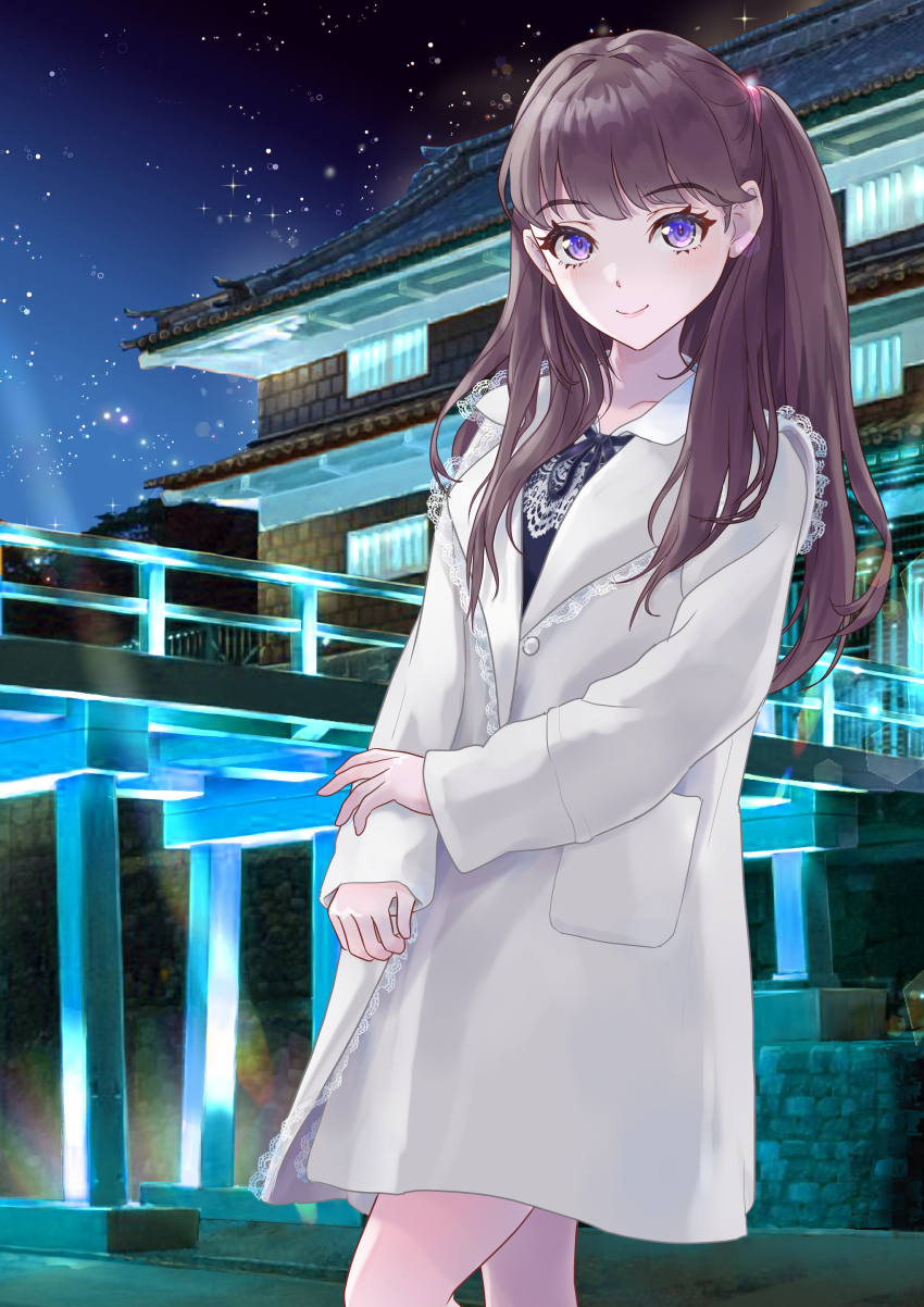 1girl, absurdres, black_shirt, bridge, brown_hair, closed_mouth, coat, collarbone