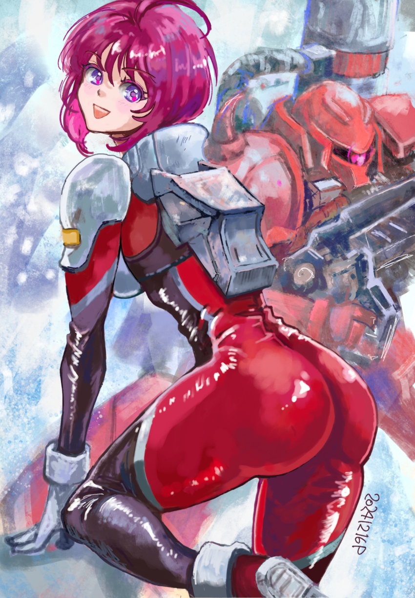 1girl, ahoge, ass, bodysuit, gloves, gundam, gundam_seed, gundam_seed_destiny