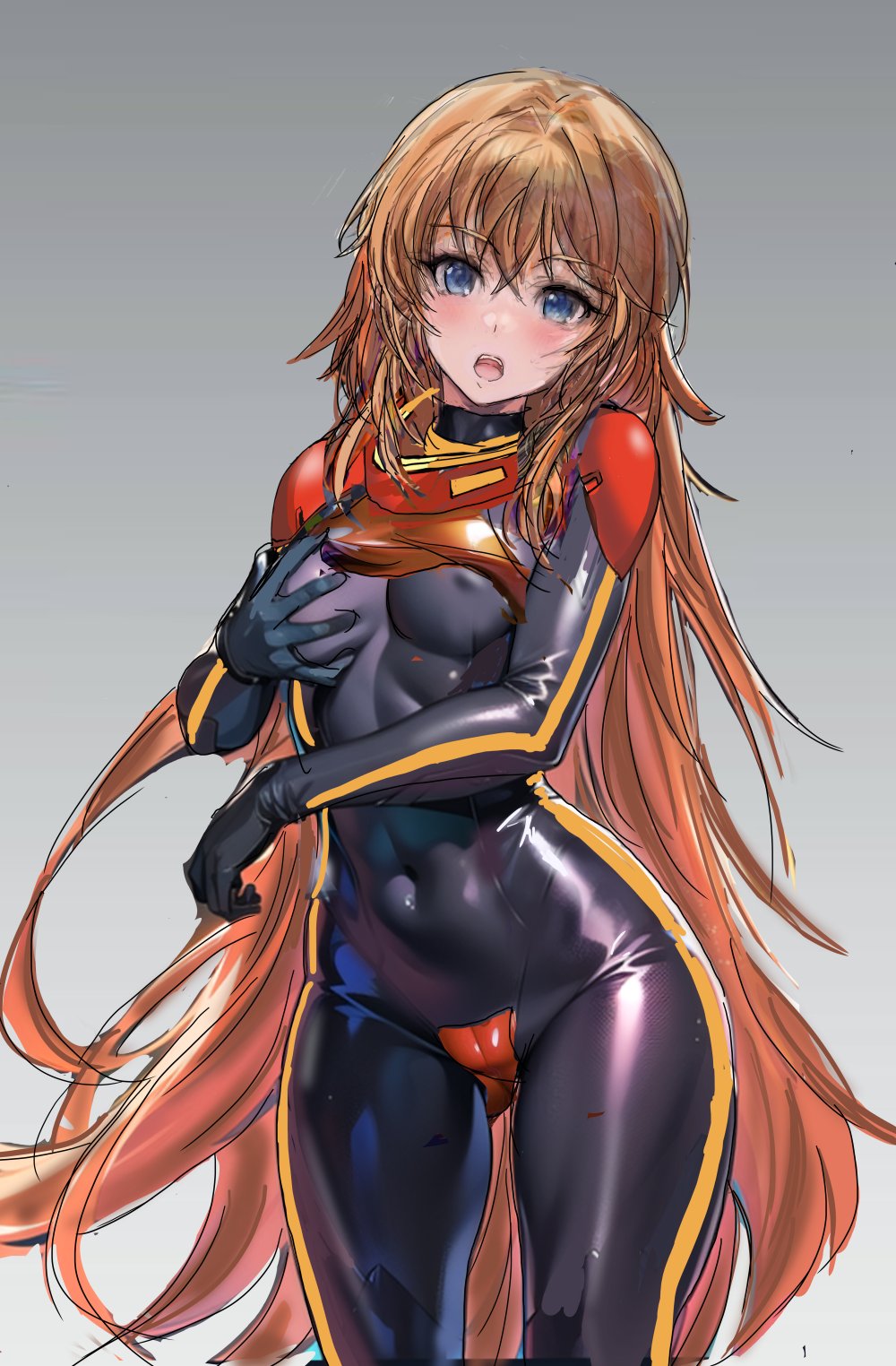 1girl, alternate_hair_length, alternate_hairstyle, black_bodysuit, blue_eyes, blush, bodysuit, breasts, gloves, gundam, gundam_zz, highres, huo_ji_wu, long_hair, looking_at_viewer, mecha_pilot_suit, normal_suit_(gundam), open_mouth, orange_hair, purple_eyes, puru_two, science_fiction, simple_background, solo