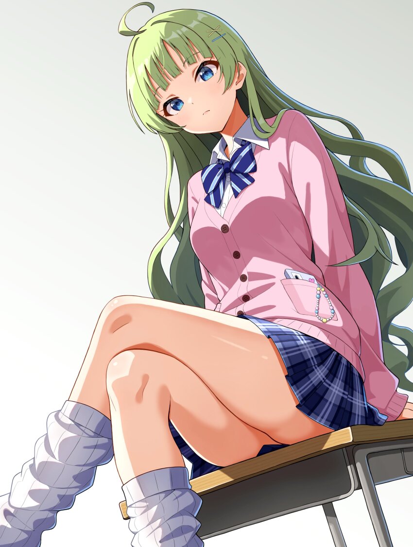 1girl, absurdres, ahoge, blue_eyes, blue_skirt, blunt_bangs, blush, cardigan, cellphone, closed_mouth, collared_shirt, crossed_legs, desk, green_hair, gyaru, hair_ornament, hairclip, highres, idolmaster, idolmaster_million_live!, kogal, long_hair, looking_at_viewer, loose_socks, official_alternate_costume, on_desk, phone, phone_in_pocket, pink_cardigan, plaid_clothes, plaid_skirt, pleated_skirt, school_desk, school_uniform, shimabara_elena, shirt, sitting, skirt, sleeves_past_wrists, socks, solo, wavy_hair, what_is_dap, white_shirt, white_socks, x_hair_ornament