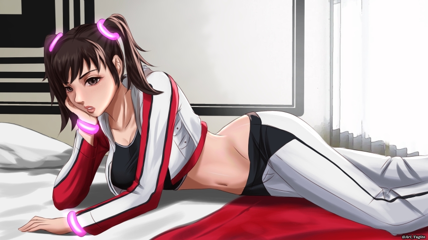 1girl, absurdres, ari_yugito, bed, brown_eyes, commission, cropped_jacket, hand_on_bed