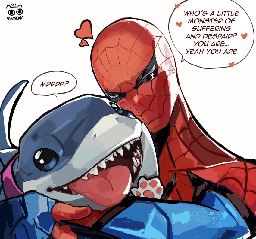 1boy, animal, animal_collar, blue_eyes, bodysuit, collar, highres, hug, jeff_(marvel), looking_at_viewer, male_focus, marvel, marvel_rivals, mask, nakoneart, open_mouth, red_bodysuit, shark, sharp_teeth, smile, spider-man, spider-man_(original_suit), spider-man_(series), spider_web_print, superhero_costume, teeth, tongue, tongue_out