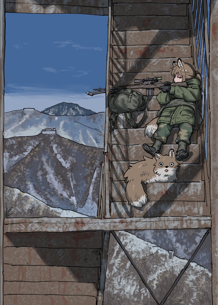 1girl, absurdres, aiming, animal, animal_ears, black_footwear, black_gloves, blue_sky