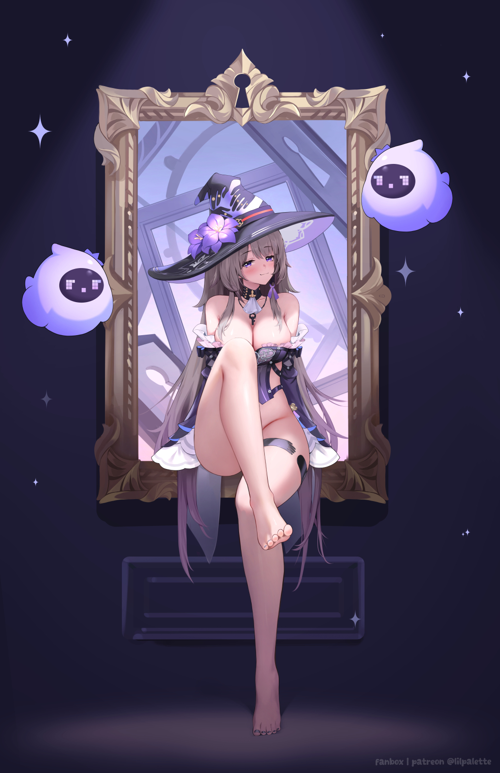 1girl, artist_name, barefoot, black_sleeves, bottomless, clothing_request, commentary, convenient_censoring