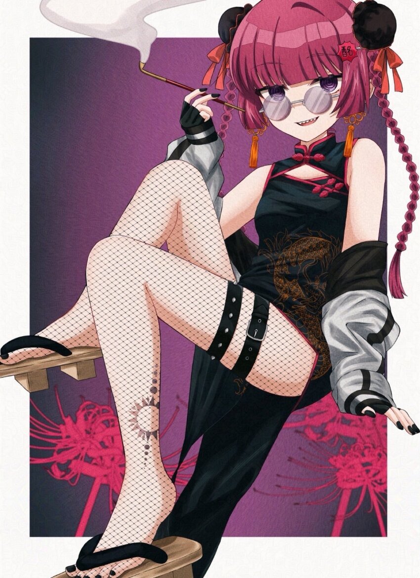 1girl, ankle_tattoo, bare_shoulders, belt, black_dress, black_jacket, black_nails, blunt_bangs, bocchi_the_rock!, braid, china_dress, chinese_clothes, commentary, double_bun, dragon_print, dress, earrings, film_grain, fingerless_gloves, fishnets, flower, food, from_below, fujimaru_(fuji_no_torishima), geta, gloves, hair_bun, highres, hiroi_kikuri, holding, holding_smoking_pipe, invisible_chair, jacket, jacket_partially_removed, jewelry, looking_at_viewer, multicolored_jacket, nail_polish, purple_background, purple_eyes, purple_hair, red_flower, ringed_eyes, round_eyewear, sharp_teeth, sitting, smoking, smoking_pipe, solo, tassel, tassel_earrings, tattoo, teeth, thigh_belt, thigh_strap, tiger_lily, toenail_polish, toenails, twin_braids, two-tone_jacket, vignetting, white_jacket