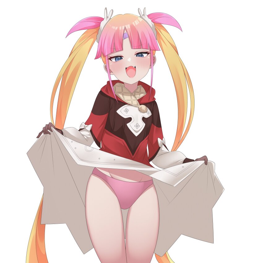 1girl, absurdres, bandaid, bandaid_on_face, bandaid_on_forehead, blonde_hair, blue_eyes, blunt_bangs, blush, bow, brown_gloves, clothes_lift, commentary, commission, cosplay, cowboy_shot, dress, dress_lift, english_commentary, fang, flat_chest, genshin_impact, gloves, gradient_hair, groin, hair_ornament, hair_scrunchie, half-closed_eyes, highres, indie_virtual_youtuber, klee_(genshin_impact), klee_(genshin_impact)_(cosplay), kyoresu, lifting_own_clothes, long_hair, looking_at_viewer, multicolored_hair, open_mouth, panties, parted_bangs, pink_hair, pink_panties, red_dress, samalilia, scrunchie, second-party_source, simple_background, smug, solo, standing, straight_hair, thigh_gap, twintails, two-tone_hair, underwear, v-shaped_eyebrows, very_long_hair, virtual_youtuber, white_background, white_bow, white_scrunchie