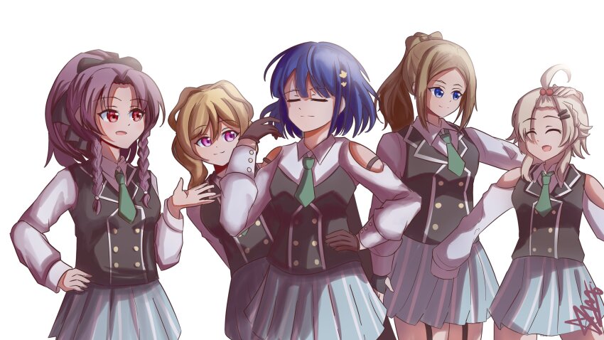 5girls, ^_^, absurdres, artist_name, assault_lily, bangs_pinned_back, bare_shoulders, black_bow